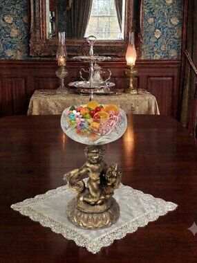 Vintage Cherub Crystal Candy Dish Cast Metal